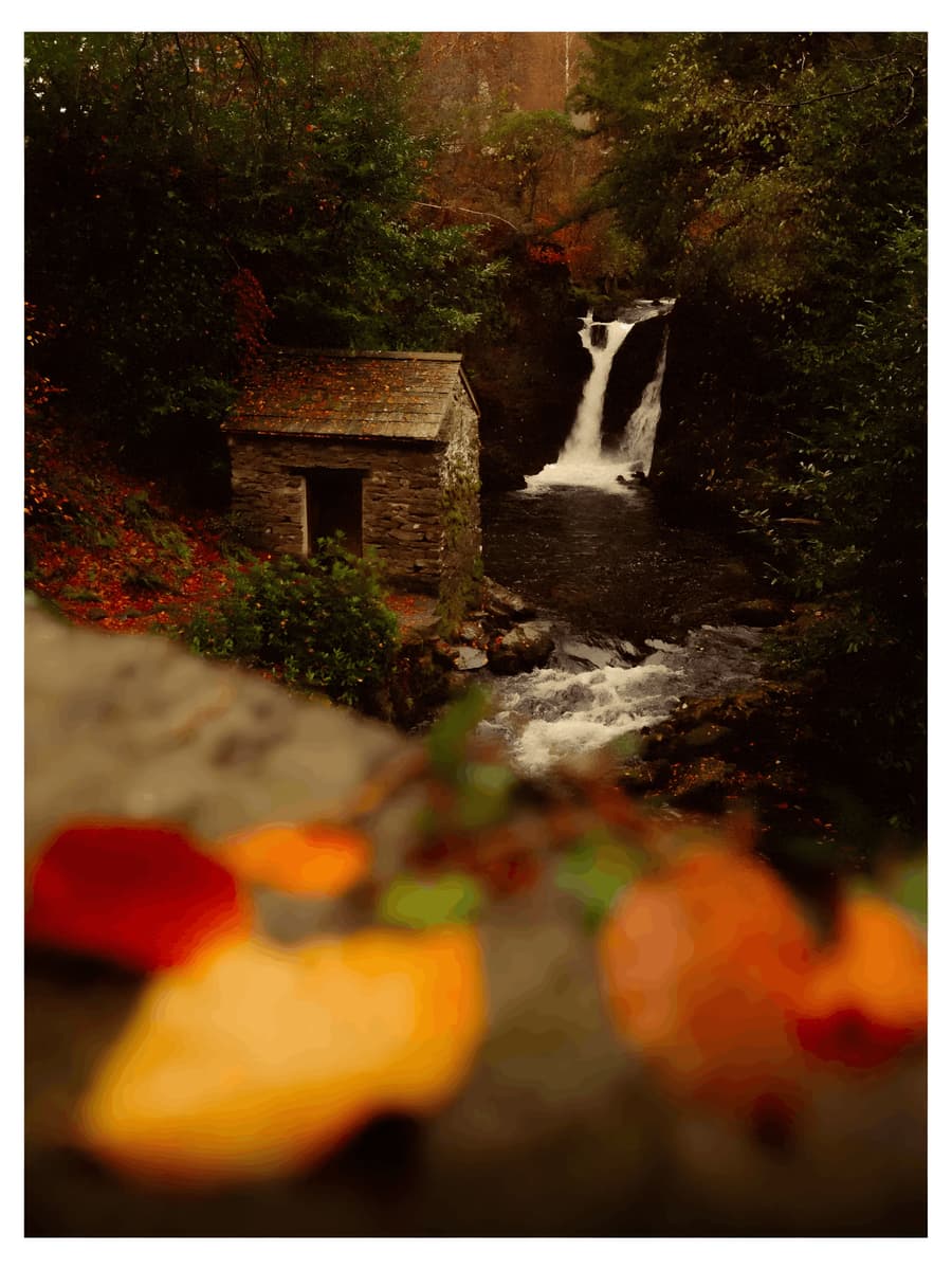 Stone Hut and Waterfall